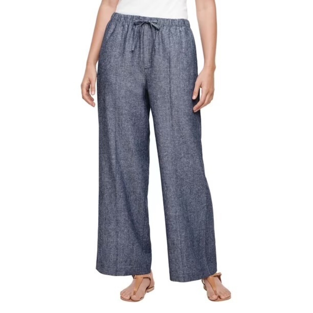 Gap Womens XL Blue Linen Blend Wide Leg Drawstring Pintuck Pants‎ Chambray Style